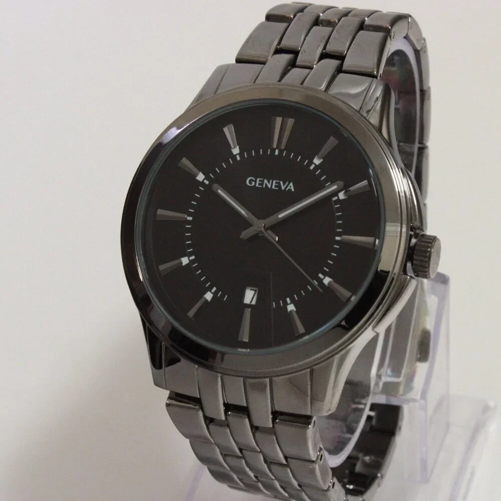 Geneva Men's Casual Quartz Watch Raised Indices GunMetal Finish 42mm
